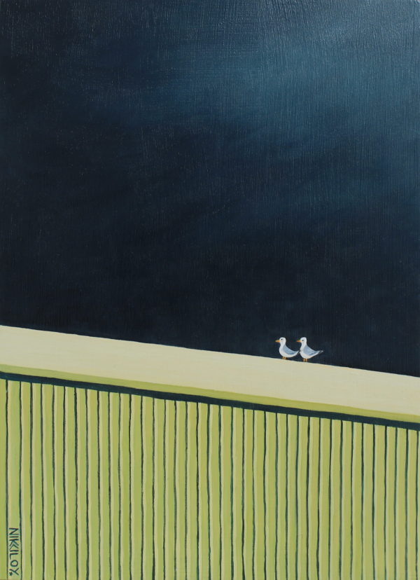 Original Oiling painting by Nikki Loy of two seagulls on a roof staring into a dark cloud.